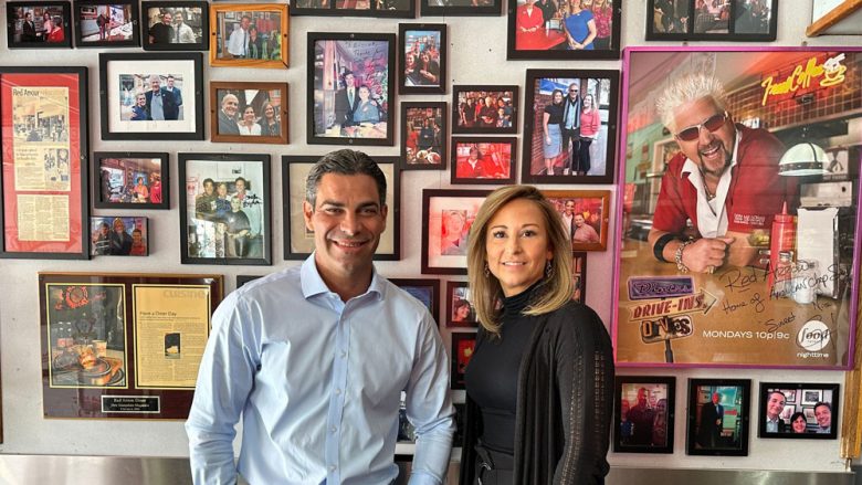 Francis Frank Suarez Mayor of Miami at Red Arrow Diner in Manchester with Co-Owner Amanda Wihby during 2024 presidential exploratory tour.