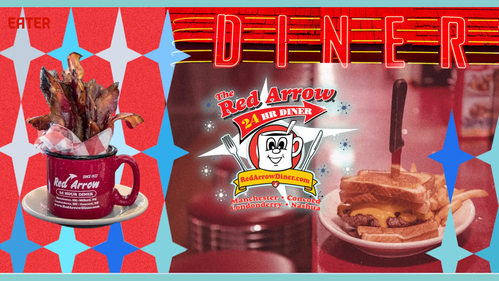 Red Arrow Diner Mug of Bacon, Trump Tower Burger. Diner counter. Red Arrow Diner Concord, Londonderry, Manchester, Nashua. Eater website article by Jaya Saxena called The Myth of the American Diner.