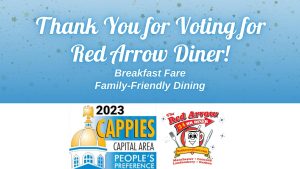 Red Arrow Diner wins 2023 Cappies Awards by Concord Monitor for best breakfast fare and best family-friendly dining in New Hampshire.