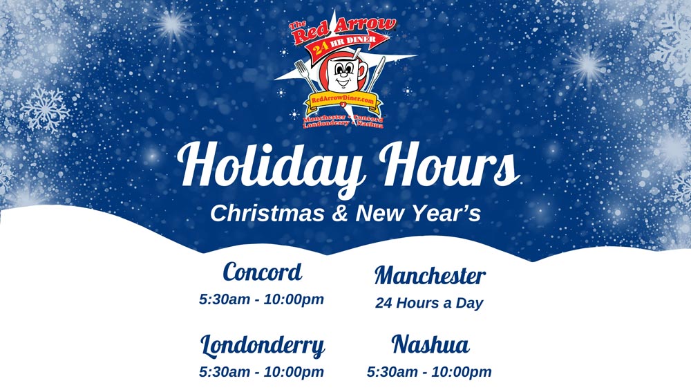 Red Arrow 2023 holidays hours. The Red Arrow Diner open on Christmas. The Red Arrow Diner open on New Year's Eve and Day. Celebrate the holidays at Red Arrow Diner in Concord, Londonderry, Manchester or Nashua.